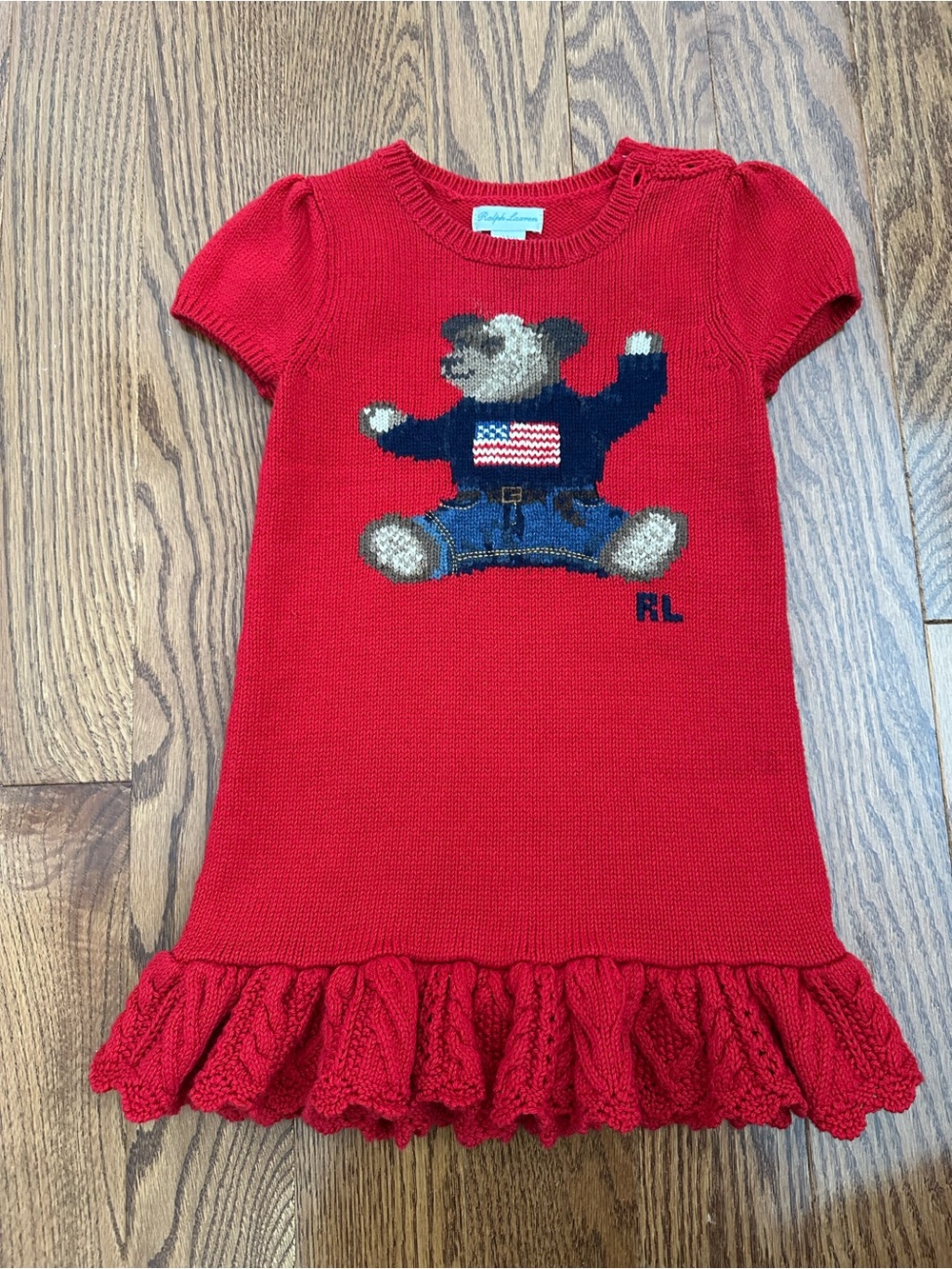 Ralph Lauren Red Knit Bear Ruffle Hem Dress